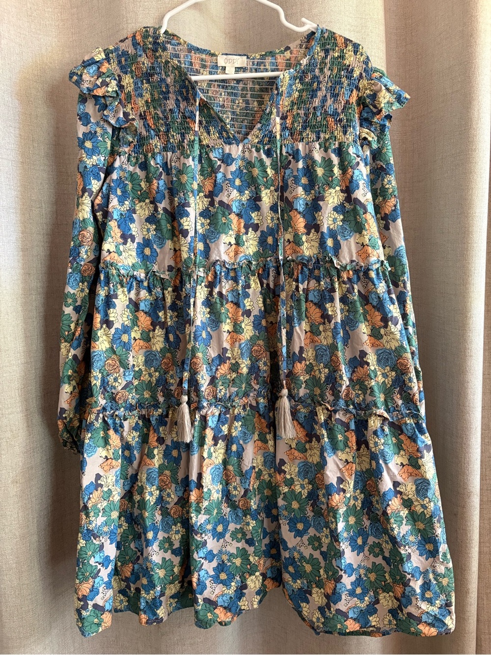 Women’s Floral Tiered Dress with Tassel Tie - Blue & Green
